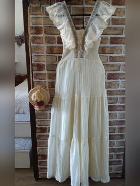 Vintage VICKY VAUGHN Prairie TIERED Cream LACE Ruffle Summer MAXI DRESS XS S